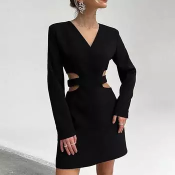 Однотонное платье с v-образным вырезом и длинными рукавами, женское весеннее платье трапециевидной формы с тонкой талией 2024, женская пригородная одежда S чёрный