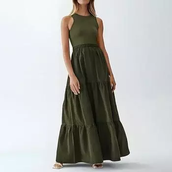 Однотонное платье с жилетом и карманом без рукавов в полоску с круглым вырезом в стиле пэчворк XXL чёрный