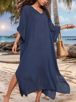 Однотонное платье-туника с разрезом, свободный крой, V-образный вырез, рукава до локтя, пляжный халат, женская одежда и купальники One-size темно-синий