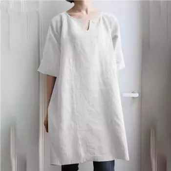 Однотонное повседневное платье из хлопка и льна с V-образным вырезом и рукавами средней длины для женщин, повседневные платья S белый