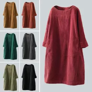 Однотонное повседневное платье, свободное женское платье миди, осенне-зимнее теплое вельветовое платье миди с карманами XXXXL чёрный