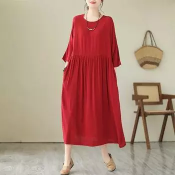 Однотонное повседневное ретро женское свободное дышащее платье средней длины с круглым вырезом M красный