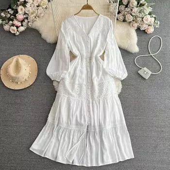 Однотонное праздничное повседневное милое женское платье с v-образным вырезом, элегантное вечерние трапециевидной формы, женское шикарное платье с рукавами-фонариками, богемное зеленое платье One Size чёрный