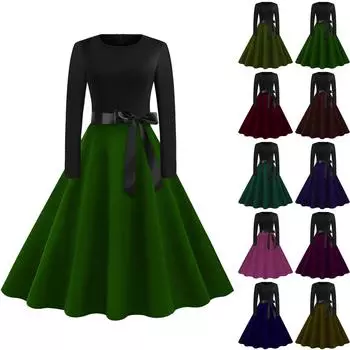 Однотонное расклешенное платье для женщин, повседневное винтажное платье с длинным рукавом и круглым вырезом