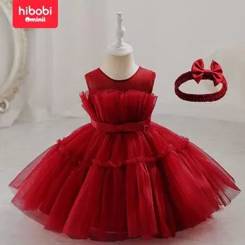 однотонное сетчатое платье без рукавов hibobi для девочек с бантом и повязкой на голову 9-12 Months красный