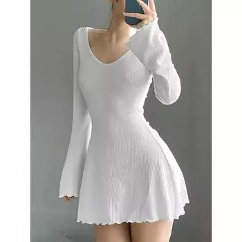 Однотонное сексуальное мини-платье с v-образным вырезом и открытой спиной Y2K, расклешенное трикотажное платье с длинными рукавами, женское базовое осенне-зимнее уличное платье, шикарное S чёрный