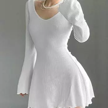 Однотонное сексуальное мини-платье с v-образным вырезом и открытой спиной Y2K, расклешенное трикотажное платье с длинными рукавами, женское базовое осенне-зимнее уличное платье, шикарное L чёрный