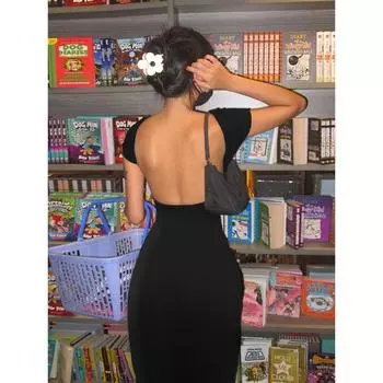 Однотонное сексуальное платье макси с открытой спиной, женское элегантное эластичное облегающее платье с коротким рукавом, длинное платье, женская облегающая уличная одежда S чёрный