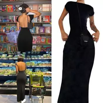 Однотонное сексуальное платье макси с открытой спиной, женские элегантные эластичные тонкие длинные платья с короткими рукавами, женская облегающая уличная одежда XS чёрный