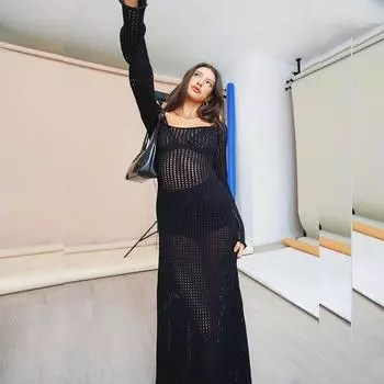 Однотонное сексуальное вязаное платье с открытой спиной, женские прозрачные ажурные платья с длинными рукавами, женская пляжная одежда для летних каникул S чёрный