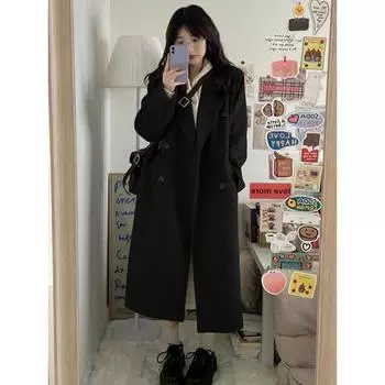 Однотонное шерстяное пальто средней длины для женщин, осень-зима, универсальная утолщенная шерстяная куртка в стиле Гонконга в стиле знаменитостей из Интернета S чёрный