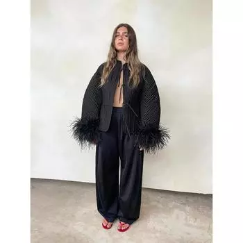 Однотонное сращенное перьевое манжеты на шнуровке хлопковое пальто женская мода О-образный вырез длинные рукава стеганая куртка 2024 женская свободная уличная одежда S чёрный