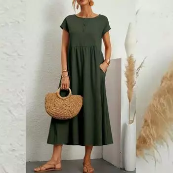 Однотонное свободное платье из хлопка и льна без рукавов с карманами XXL