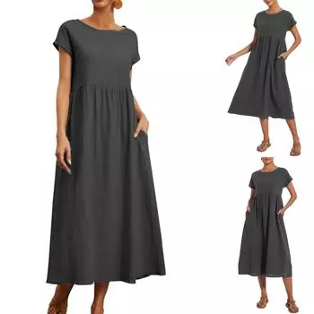 Однотонное свободное платье из хлопка и льна без рукавов с карманами L