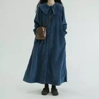 Однотонное темно-синее платье с длинными рукавами и воротником, женская осенняя ретро-весельная атмосфера, тонкая однобортная длинная юбка XXL темно-синий