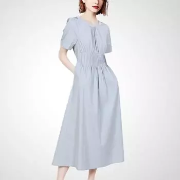 Однотонное темпераментное платье для меньшинства с завышенной талией и пышными рукавами Gray M