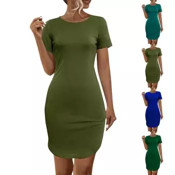 Однотонное тонкое U-образное платье с короткими рукавами и разрезом