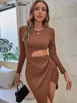 Однотонное трикотажное женское платье с вырезом, пуловер с круглым вырезом, длинным рукавом, нерегулярным разрезом, подолом, твист-платья, женские офисные женские платья, Vestidos S темно-коричневого