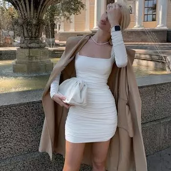 Однотонное женское мини-платье с рюшами и длинными рукавами, облегающее сексуальное вечернее элегантное уличное платье, осенне-зимняя клубная белая одежда S чёрный