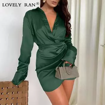 Однотонное женское мини-платье со складками, асимметричное тонкое платье с v-образным вырезом и длинным рукавом, сексуальное женское осенне-зимнее новое модное вечернее платье 2021 S розы красного