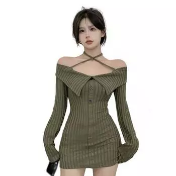 Однотонное женское облегающее платье весна-осень отложной воротник ретро женская одежда 2024 корейские обзоры одежда S чёрный