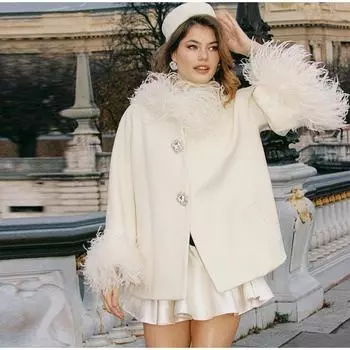 Однотонное женское пальто с кисточками, искусственный мех, перья, длинный рукав, женская куртка 2025, осень-зима, элегантная однобортная женская верхняя одежда S розовый