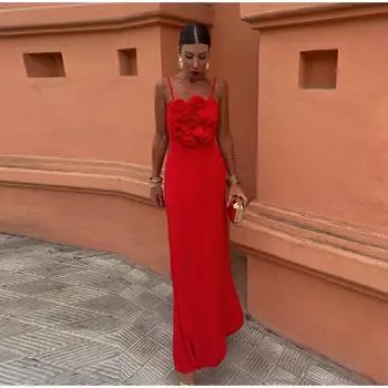 Однотонное женское платье с 3D большим цветком и открытой спиной, элегантный вечерний тонкий вечерний женский топ на бретельках S чёрный