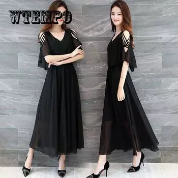 Однотонное женское шелковое свободное платье больших размеров из шифона Vestidos De Fiesta XXXXXXL чёрный
