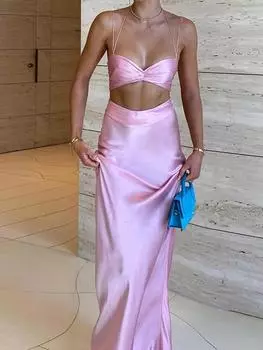 Однотонные атласные топы-трубы, юбки-миди, комплекты женских летних платьев с лямкой на бретельках, женский элегантный вечерний наряд с юбкой S розовый