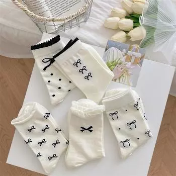 Однотонные белые носки с бантом в балетном стиле, милые женские носки средней длины, женские носки в японском стиле, Лолита, милые длинные носки