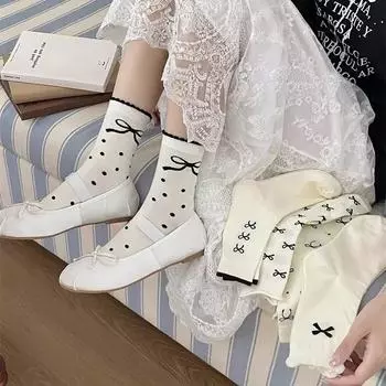 Однотонные белые носки с бантом в балетном стиле, милые женские носки средней длины, женские носки в японском стиле, Лолита, милые длинные носки