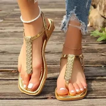 Однотонные блестящие современные сандалии из искусственной кожи с пряжкой и ремешком, женская обувь для взрослых, распродажа 2024, модные женские сандалии на низком каблуке на плоской подошве и модные женские сандалии 36 золотой