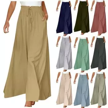 Однотонные брюки с эластичным поясом, широкие брюки с высокой талией, длинные брюки-кюлоты L темно-зеленого