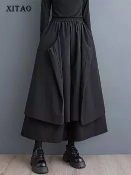 Однотонные брюки XITAO с карманами в стиле пэчворк DMJ5021 One Size чёрный