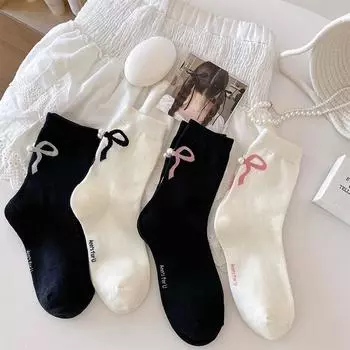 Однотонные черные белые длинные носки женские с жемчужным бантом JK Sweet Girls средние носки-трубы балетный стиль Лолита кавайные милые женские носки