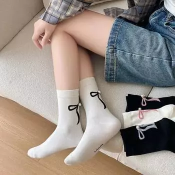 Однотонные черные белые длинные носки женские с жемчужным бантом JK Sweet Girls средние носки-трубы балетный стиль Лолита кавайные милые женские носки
