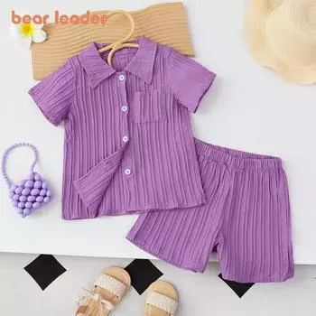 Однотонные детские комплекты Bear Leader, рубашка + шорты, костюм из 2 предметов, однобортный костюм, повседневная одежда для детей 3-7 лет 7T