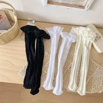 Однотонные длинные носки, чулки, женские ажурные сетчатые чулки, гольфы, милые носки с бантом JK Sweet Girls Kawaii Ruffle Socks белый