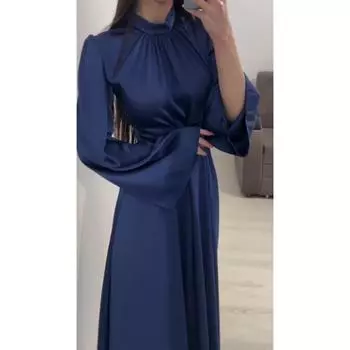 Однотонные длинные платья с длинными рукавами и завязкой на талии S темно-синий