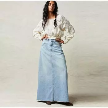 Однотонные джинсовые прямые юбки женские винтажные с высокой талией и карманами женские юбки 2025 Весенняя мода женская уличная одежда S светло-синий