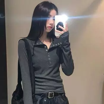 Однотонные футболки для женщин, сексуальные топы для девушек Y2K, спортивная одежда, женские повседневные футболки с длинным рукавом, модная женская футболка для клуба и бара S темно серый