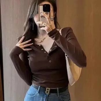 Однотонные футболки для женщин, сексуальные топы для девочек Y2K, спортивная одежда, женские повседневные футболки с длинным рукавом, модные женские футболки для клубных баров, топы с глубоким V-образным вырезом, большой размер S темно-коричневого