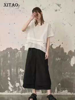 Однотонные футболки XITAO с асимметричным круглым вырезом GJ1016