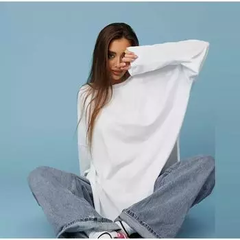 Однотонные хлопковые футболки женские свободные с круглым вырезом и боковыми разрезами, с длинными рукавами, весенне-осенние женские повседневные топы M белый