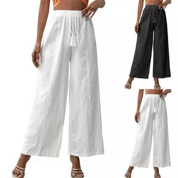 Однотонные хлопковые и льняные женские свободные повседневные брюки с кисточками, широкие брюки L чёрный