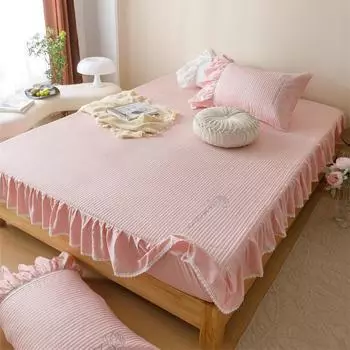 Однотонные хлопковые наматрасники с вышивкой розового цвета и резинками, толстая стеганая защита для кровати, простыня с рюшами размера «queen-size» 150x200cm 59x79inch синий