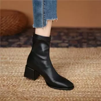 Однотонные короткие сапоги для женщин, новые осенне-зимние, средние, с застежкой-молнией сзади, с грубым каблуком и квадратной головкой, модные сапоги для женщин 34 бежевый