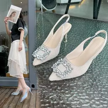 Однотонные кожаные тапочки, женская обувь, женские туфли-лодочки, заостренный носок, без застежки, блестящие туфли на высоком каблуке с кристаллами и пряжкой, летние женские шлепанцы 34 бежевый