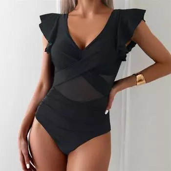 Однотонные купальные костюмы летние купальные пуш-ап V-образный вырез пляжная монокини женские оборки цельный купальник женские купальники s чёрный