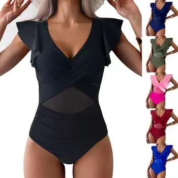 Однотонные купальные костюмы, летний купальный костюм с пуш-ап и v-образным вырезом, пляжное монокини, женский цельный купальник с рюшами, женский купальник s чёрный